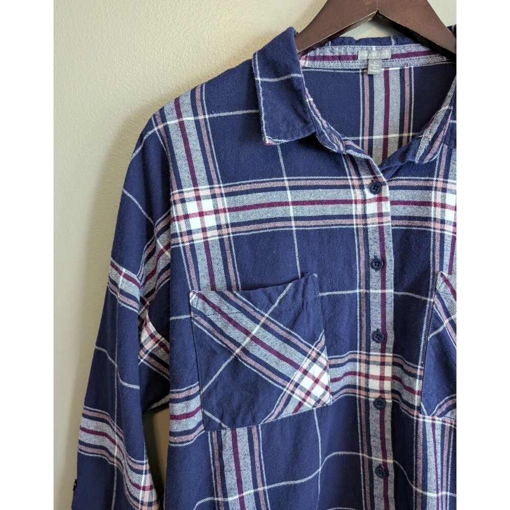 Charlotte Russe Blue Plaid Flannel Shirt Womens Large L Soft Button Down Top LS